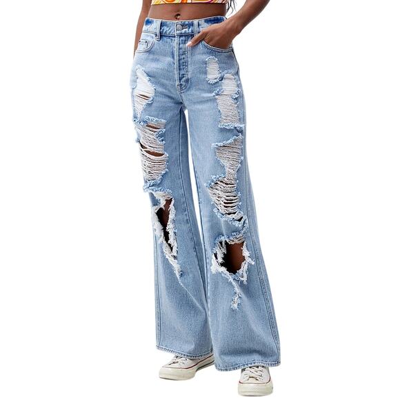 Pacsun Baggy Jean Distressed High Waisted Torn Light Wash Size 25 - Picture 1 of 5